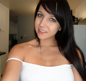 White tank-top brunette loves spaghetti and masturbation