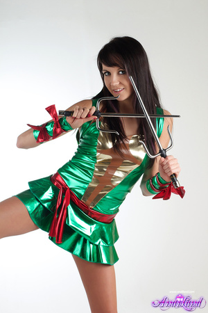 Brunette in a sexy Raphael costume shows her pussy upskirt - XXXonXXX - Pic 5