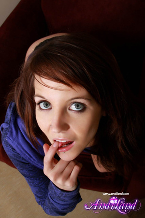 Blue hoodie brunette takes off her small black panties for you - Picture 7