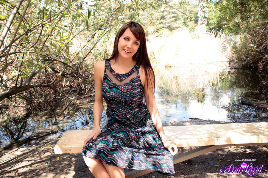 Innocent brunette sirs on a wooden bench an - XXX Dessert - Picture 2