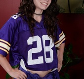 Oversized sports jersey brunette shows her hairy pussy