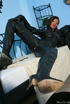 Ebony gal in leather bodysuit gets her boots cum covered before wearing
