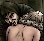 Unconscious blonde getting undressed by a weird little dude.Creepy By