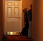 Delicious blonde milf with huge tits takes off her black dress and sucks