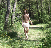 Lovely brunette in white miniskirt got nude and showing her big boobies