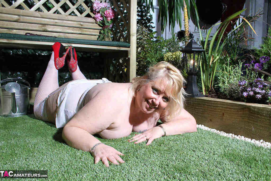 Pierced pussy bbw in red heels and white stockings riding huge dildo on the bench outdoors - XXXonXXX - Pic 16