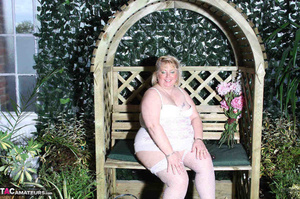 Blonde plumper teasing outdoors in white lingerie and red heels before toying herself with huge dildo - XXXonXXX - Pic 1