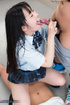 Black-haired Asian coed gives a passionate blowjob on the knees