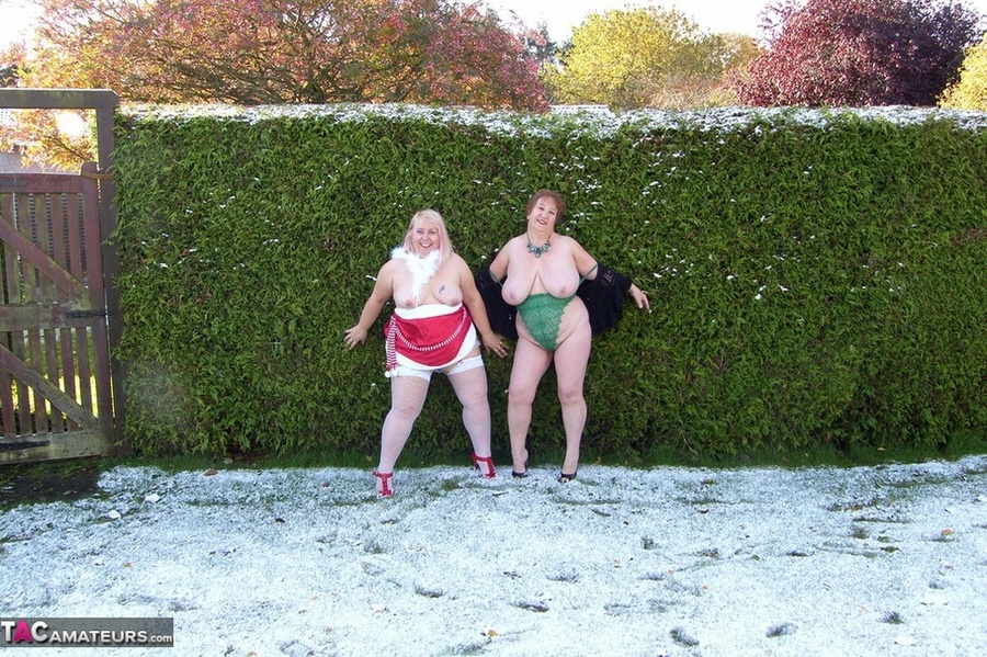 Two mature ladies in high heels and sexy lingerie undressing outdoors and posing naked on the show - XXXonXXX - Pic 7