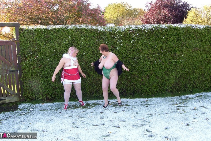 Two mature ladies in high heels and sexy lingerie undressing outdoors and posing naked on the show - XXXonXXX - Pic 10