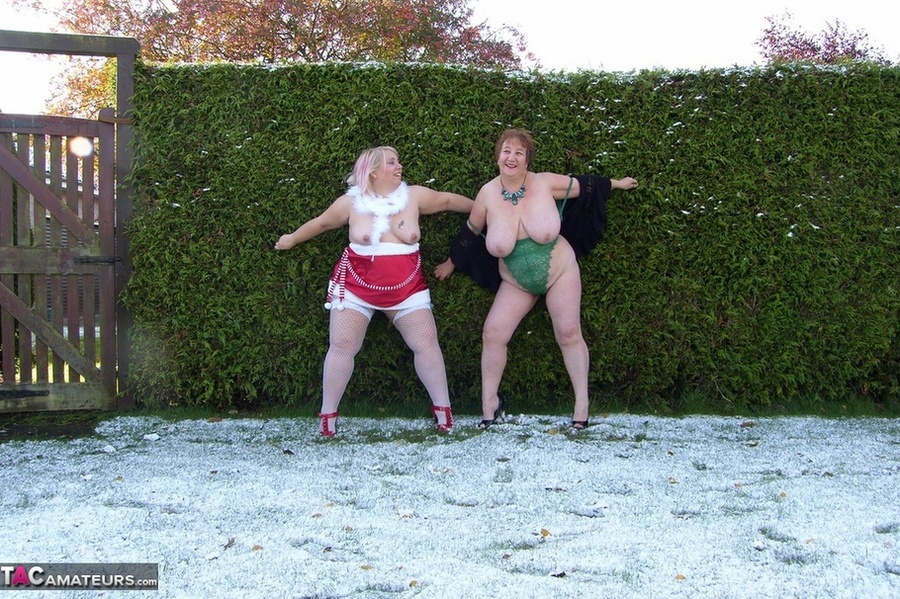 Two mature ladies in high heels and sexy lingerie undressing outdoors and posing naked on the show - XXXonXXX - Pic 11