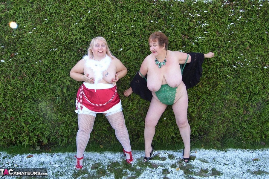 Two mature ladies in high heels and sexy lingerie undressing outdoors and posing naked on the show - XXXonXXX - Pic 12