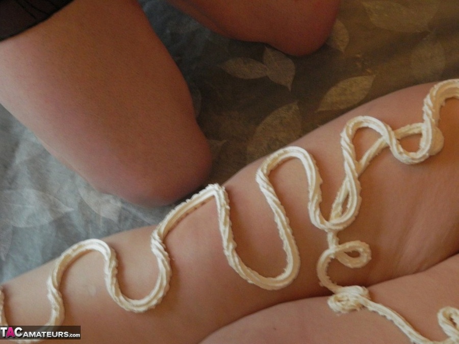 Brunette bbw gets her body covered with whipped cream before being licked by three chicks in black dresses - XXXonXXX - Pic 8