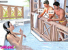 Two guys with hard cocks are enjoying a dark-haired shemale