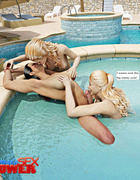 Two blondes are giving a double blowjob for a shemale