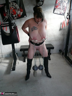 Brown eyed slut with big boobs sucking big dick after gets her nipples and pierced pussy lips abused with weights - XXXonXXX - Pic 15