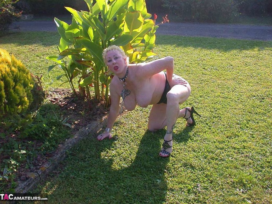 Busty blonde on a leash posing in leather outfit outdoors and slowly undressing to expose her pierced snatch - XXXonXXX - Pic 18