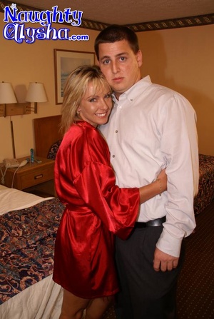 Horny blonde wife wearing red silky robe - Picture 1