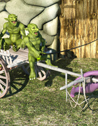 Submissive purple pixie impaled by small green demons