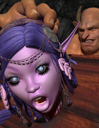 Slender purple pixie gets banged by two muscled demons