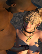 Black men have a hot blonde bound with a collar and chains as they fuck