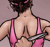 Masked man is trying to strangle a fit slender fit girl. Sorority House