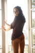 small-tit brunette poses red