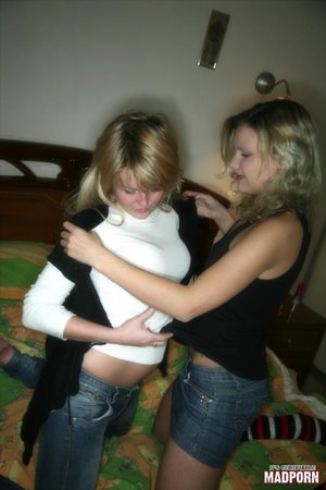 Blonde ladies in jeans strips and sucks their twats by the bed. - XXXonXXX - Pic 2