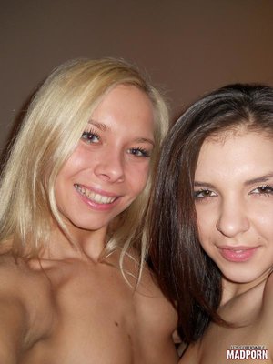 Caucasian and brunette girlfriends gets naked in bed before kissing and caressing. - XXXonXXX - Pic 1