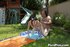 A hairy hand reaching into her blue dress, he slams her dumping a load