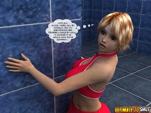 Cocksucking sexy blonde cheerleader messing around with black cock in public toilet - Picture 1
